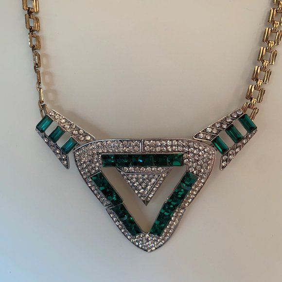 Art deco green crystal & rhinestone necklace
